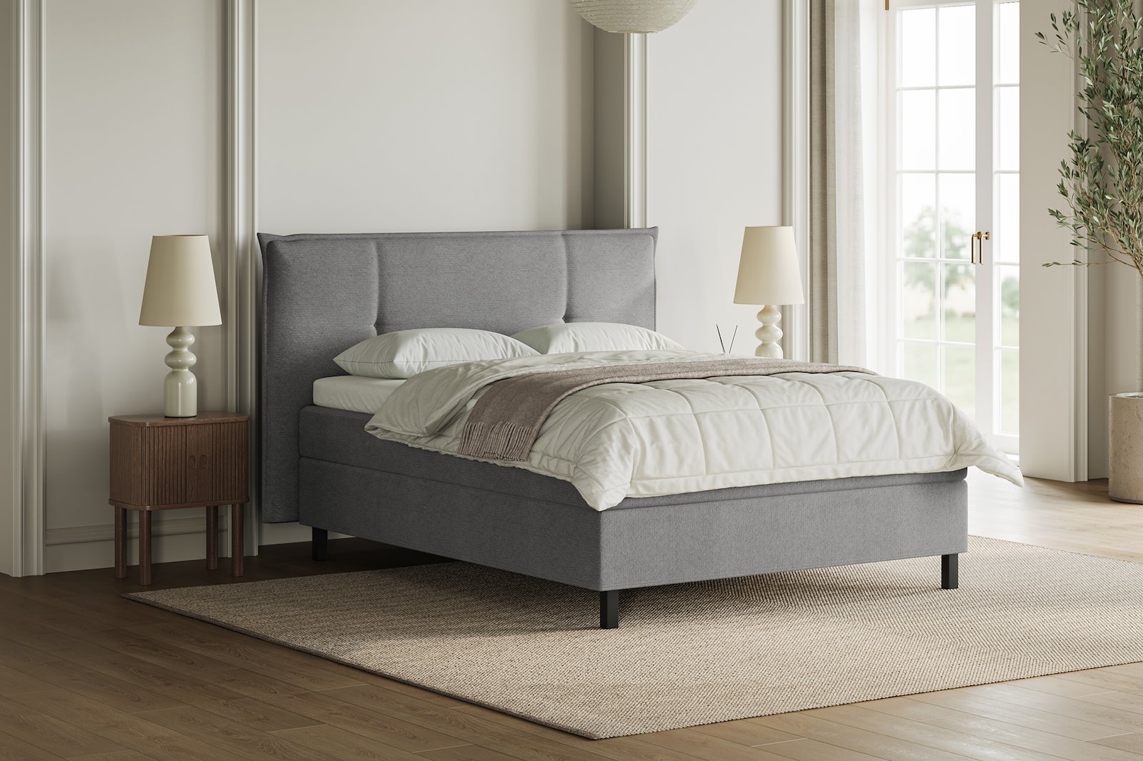 XOV Premium 15 Kontinentalseng 180x200 cm i tekstil Terranova 04 beige, medium/fast med Premium 15 overmadrass og sort firkantede ben, gavl selges separate