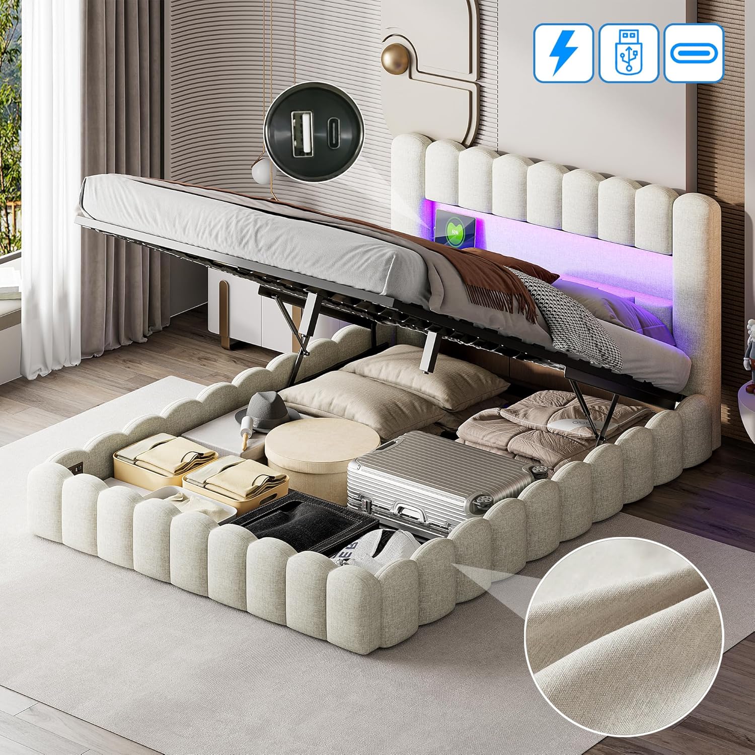 Polsterbett 180x200 cm, Hydraulisch Stauraumbett, Doppelbett mit LED und USB, Jugendbett mit Stauraum Kopfteil, Bettgestell mit Lattenrost, Leinen (Beige, 180 x 200 cm)