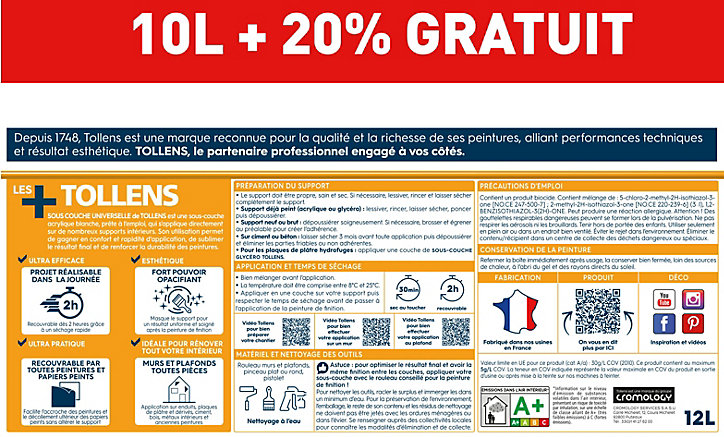 Sous-couche universelle Tollens blanc 10L + 20% gratuit