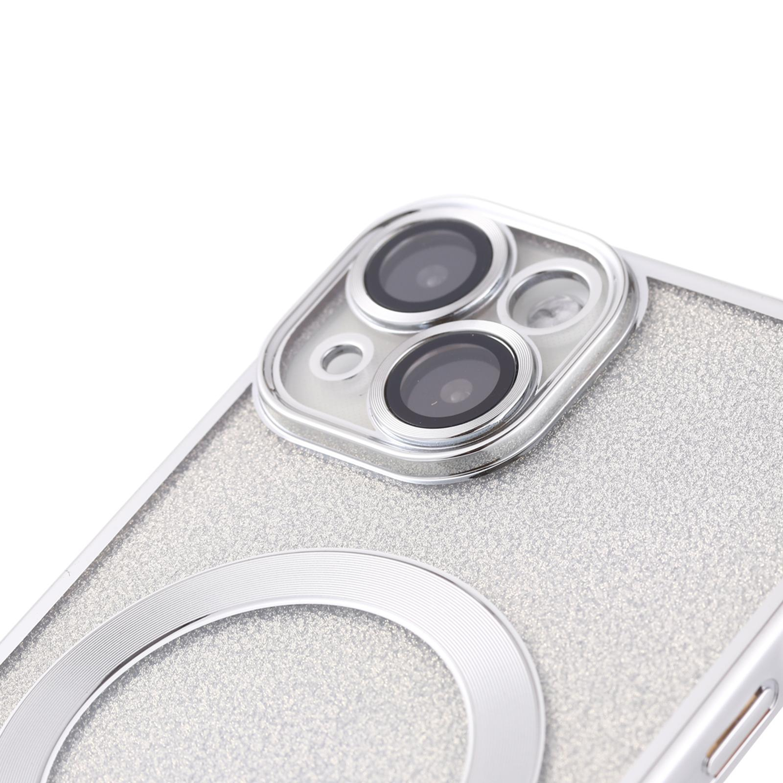 iPhone 14 MagSafe Gummi Case Hülle mit Acryl Kameraglasschutz im Glitzer Design - Silber / Transparent