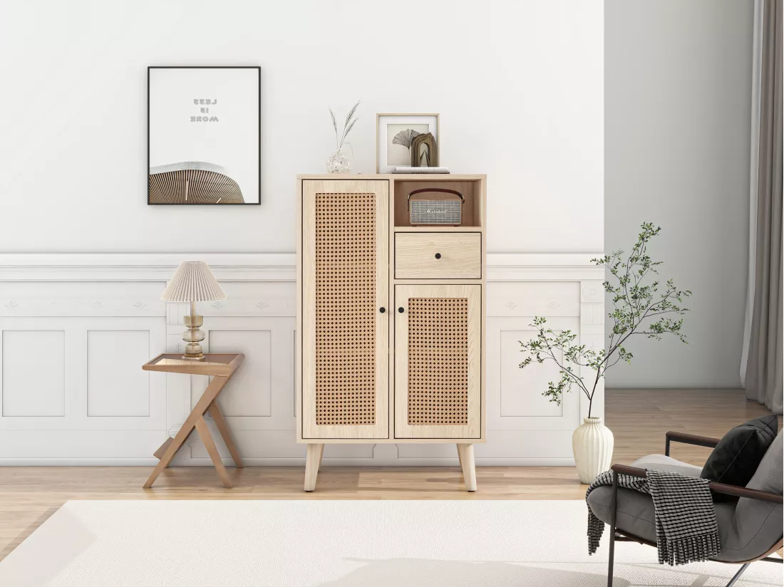 Commode en Bois avec 2 Portes en Rattan et 1 Tiroir, Buffet de Rangement avec Grand Espace, Meuble de Salon, Dimensions 60x40x101 cm