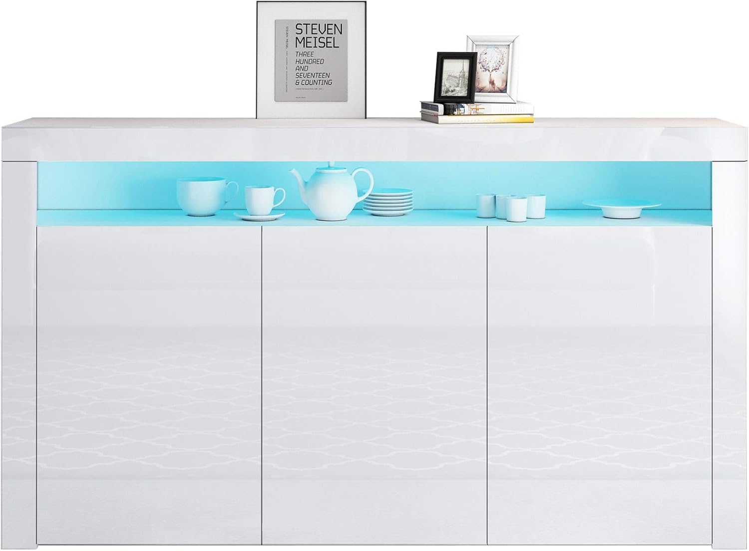 Sideboard Kommode 3 Türen Hochglanz Front mit LED Beleuchtung TV Lowboard Für Esszimmer Wohnzimmer Möbel 152x97x35cm Weiß