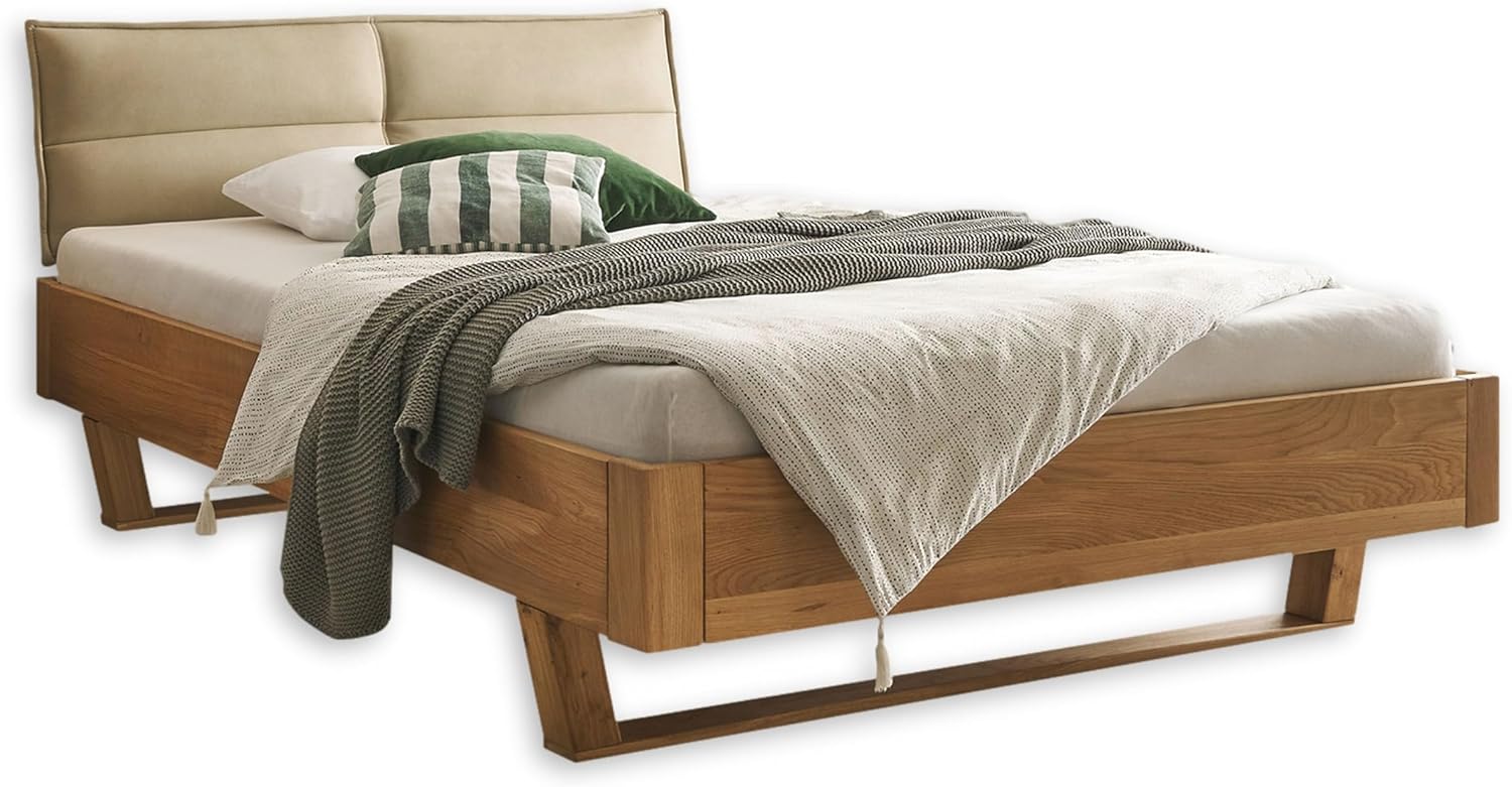 TJARK Modernes Massivholzbett 140x200, Eiche - Komfortables & hochwertiges Balkenbett mit gepolstertem Kopfteil - 146 x 89 x 219 cm (B/H/T)