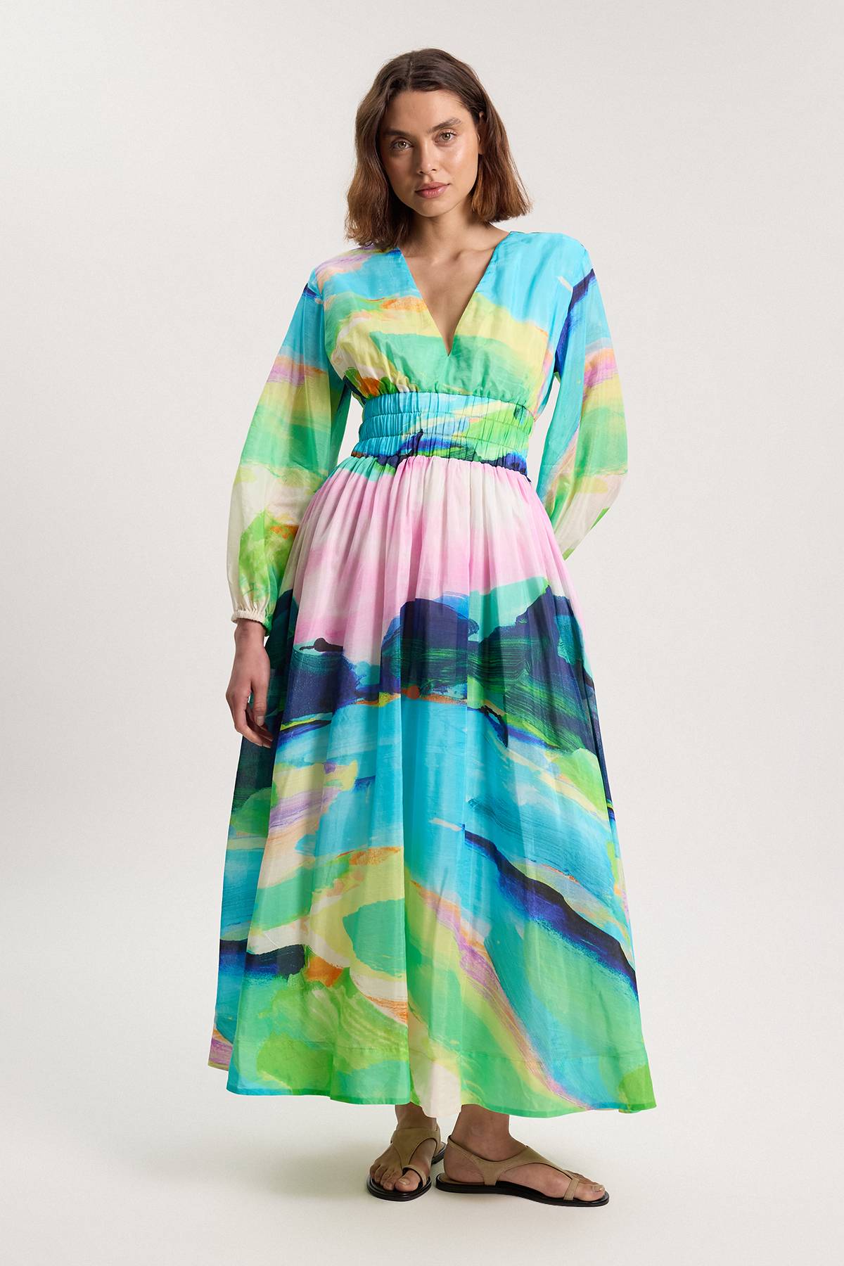 KarenMillen Robe Maxi Tissée En Coton Soie À Imprimé Paysage Et Manches Ballon