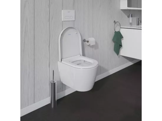 Pack WC suspendu compact sans bride DURAVIT Me by Starck abattant frein de chute + bati support SIAMP + Plaque blanche + tabouret