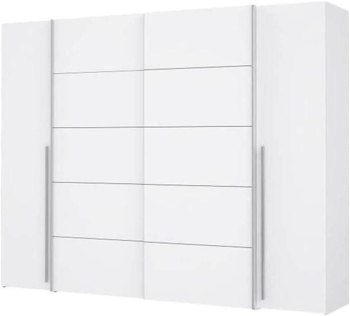 Forte Narago Schrank 270, weißer Kleiderschrank, Schwebetürenschrank mit Drehtüren, Weiß Matt, 270,3 cm breit x 210,5 cm hoch x 61,2 cm tief