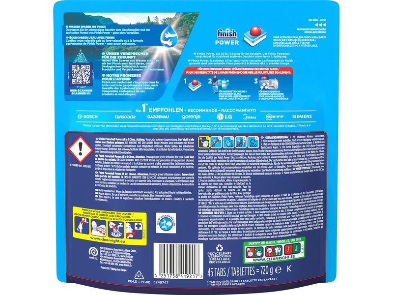 Finish Maschinenspülmittel Power All-in-1 Citrus 45 Tabs Geschirrspültabs für die tägliche Reinigung des Geschirrs