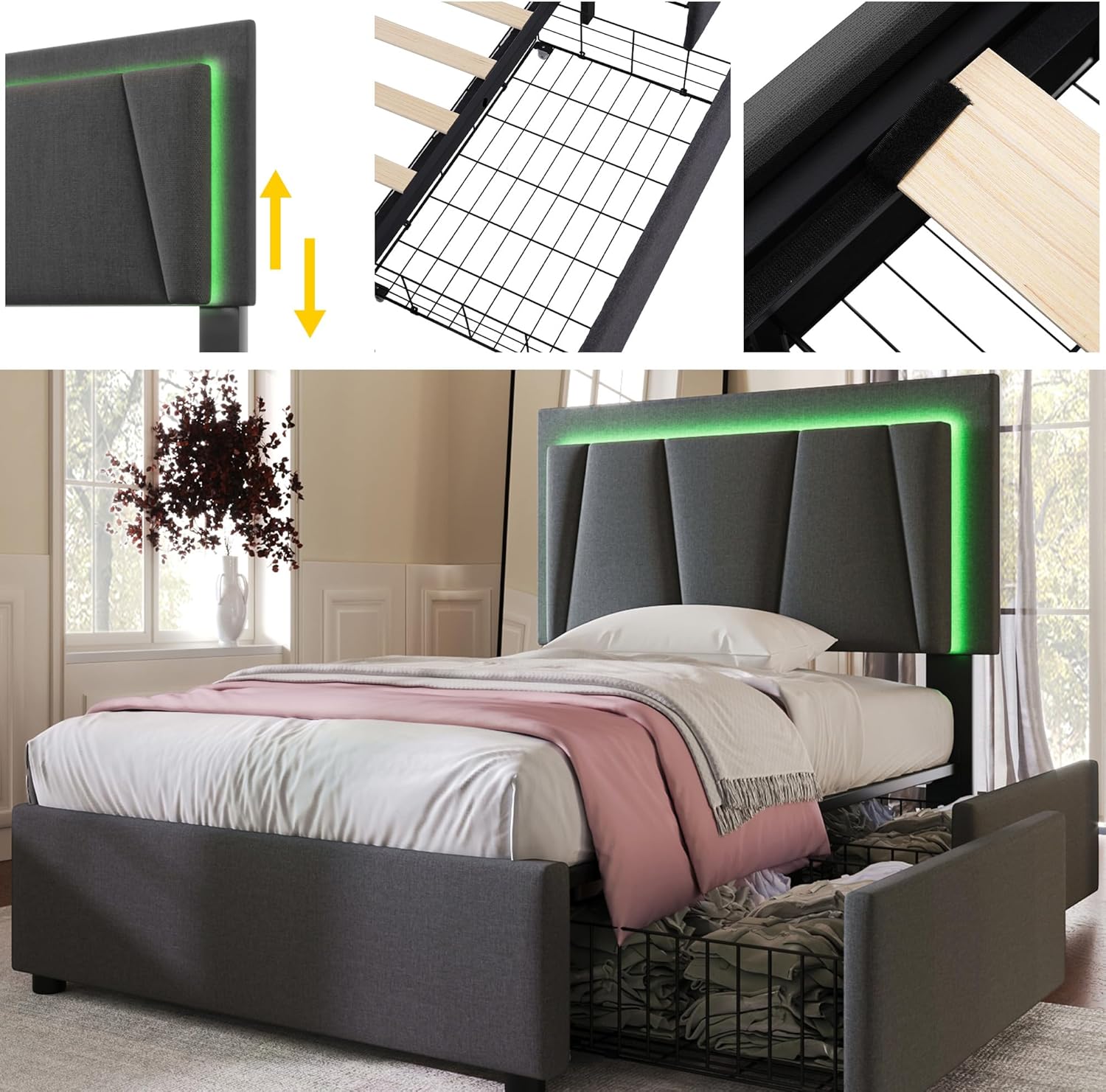 Kehun Polsterbett 90x200 cm, Einzelbett mit LED-Kopfteil, Stauraumbett 2 Stauraum Schubladen,Lattenrost aus Holz, Modern Bett Bettgestell aus Metallrahmen, Leinen, Grau, Ohne Matratze