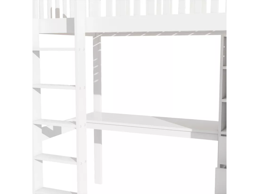 Lit mezzanine 90x200 cm en bois - avec bureau & penderie - Blanc