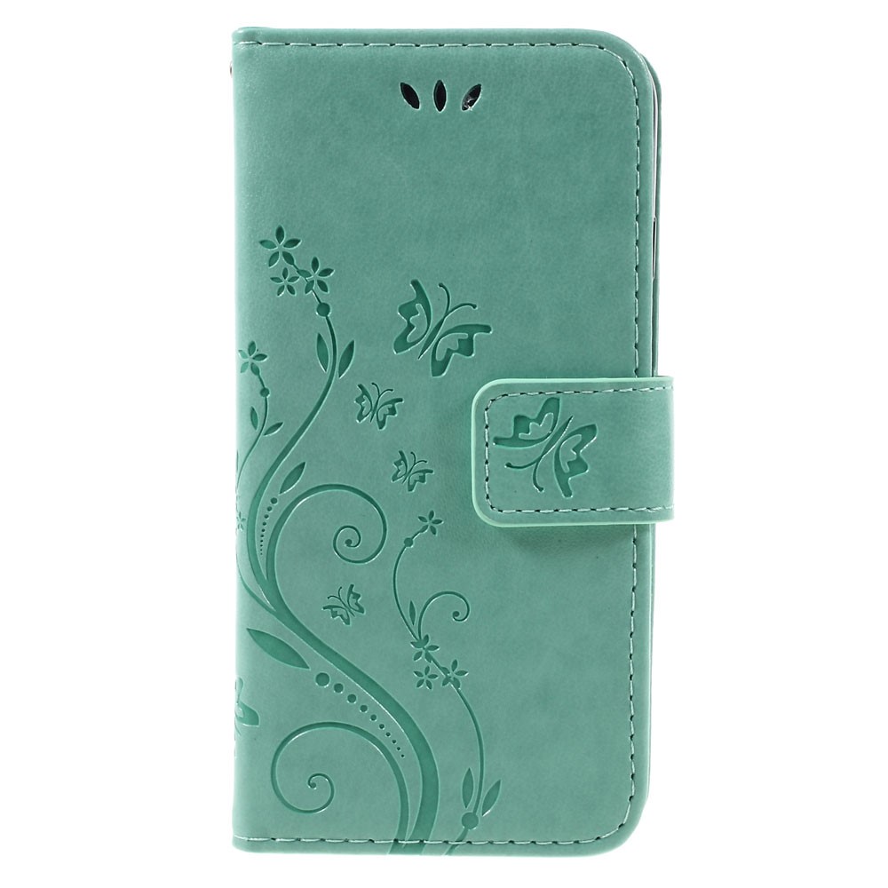 iPhone SE (2022/2020) / 8 / 7 Leder Tasche mit Kartenfach   Handschlaufe Butterfly Flowers - Türkis