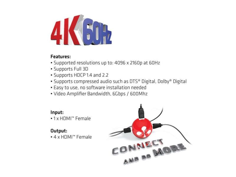 Club 3D 4-Port Signalsplitter HDMI 2.0 UHD Splitter 4 Port 4-Port Signalsplitter, Aktiv