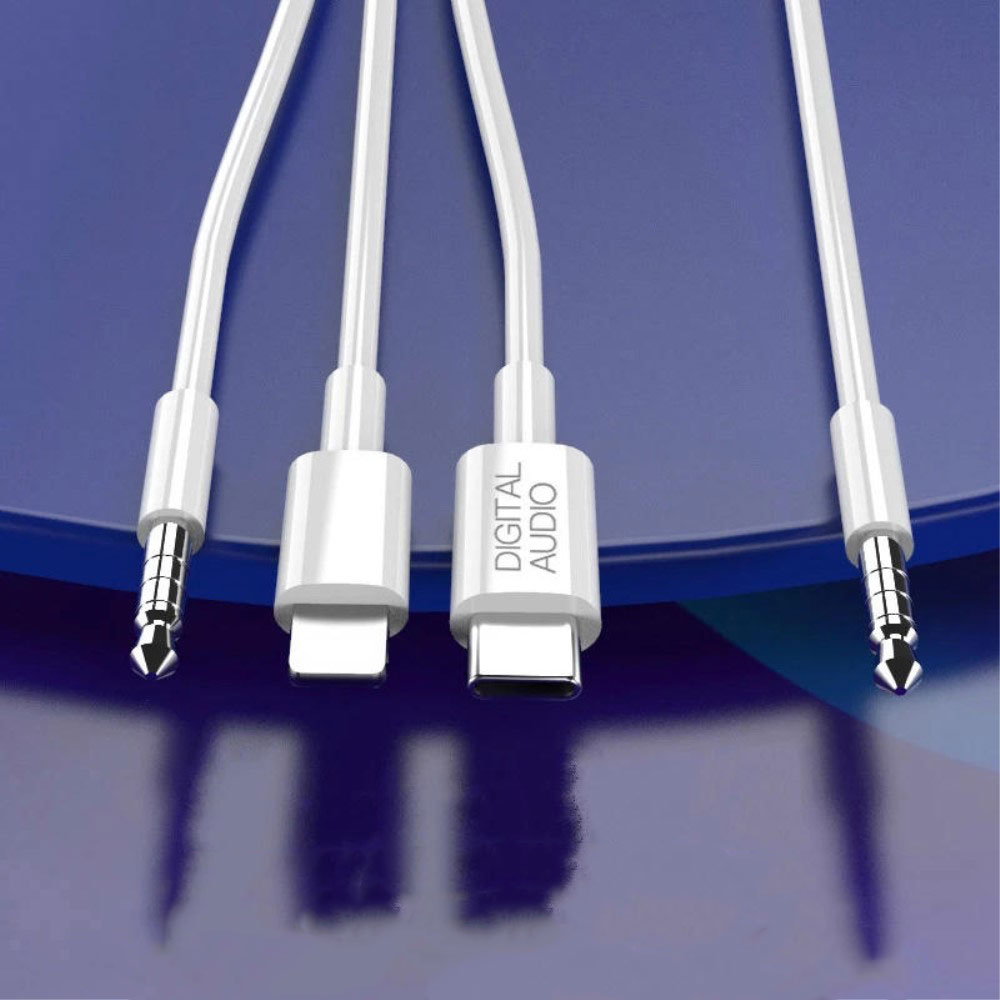 (120cm) 3in1 Lightning / 3.5mm AUX / USB C auf 3.5mm AUX Musik Adapter Kabel Konverter - Weiss