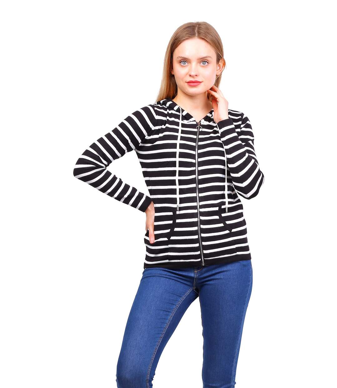 Gilet femme style marin  avec capuche - manches longues - Rayé blanc