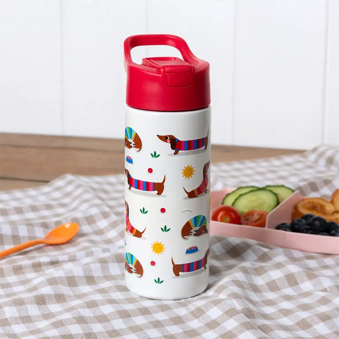 Rex london rvs drinkfles met rietje - sunny sausage dog - 500 ml