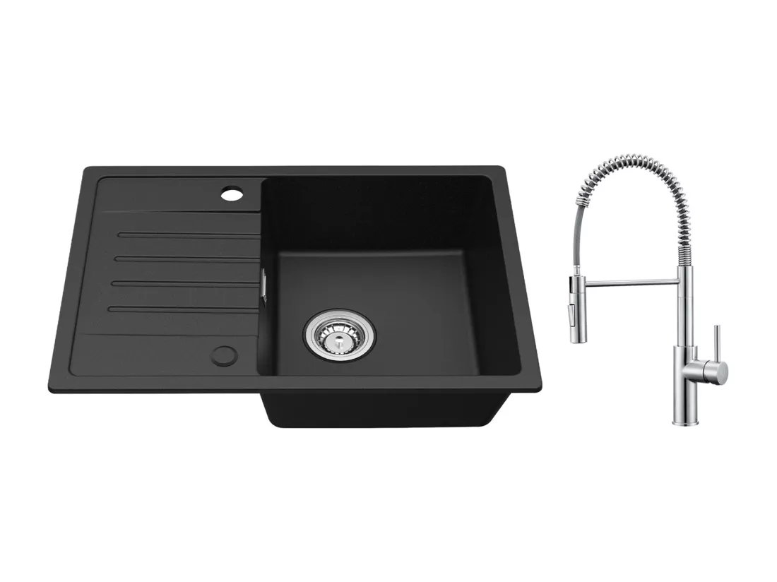 Cecipa max Evier 1 Bac avec Egouttoir Evier à encastrer Quartz et résine Noir 65x45cm + Mitigeur Cuisine à Ressort Brossé avec Douchette Extractible