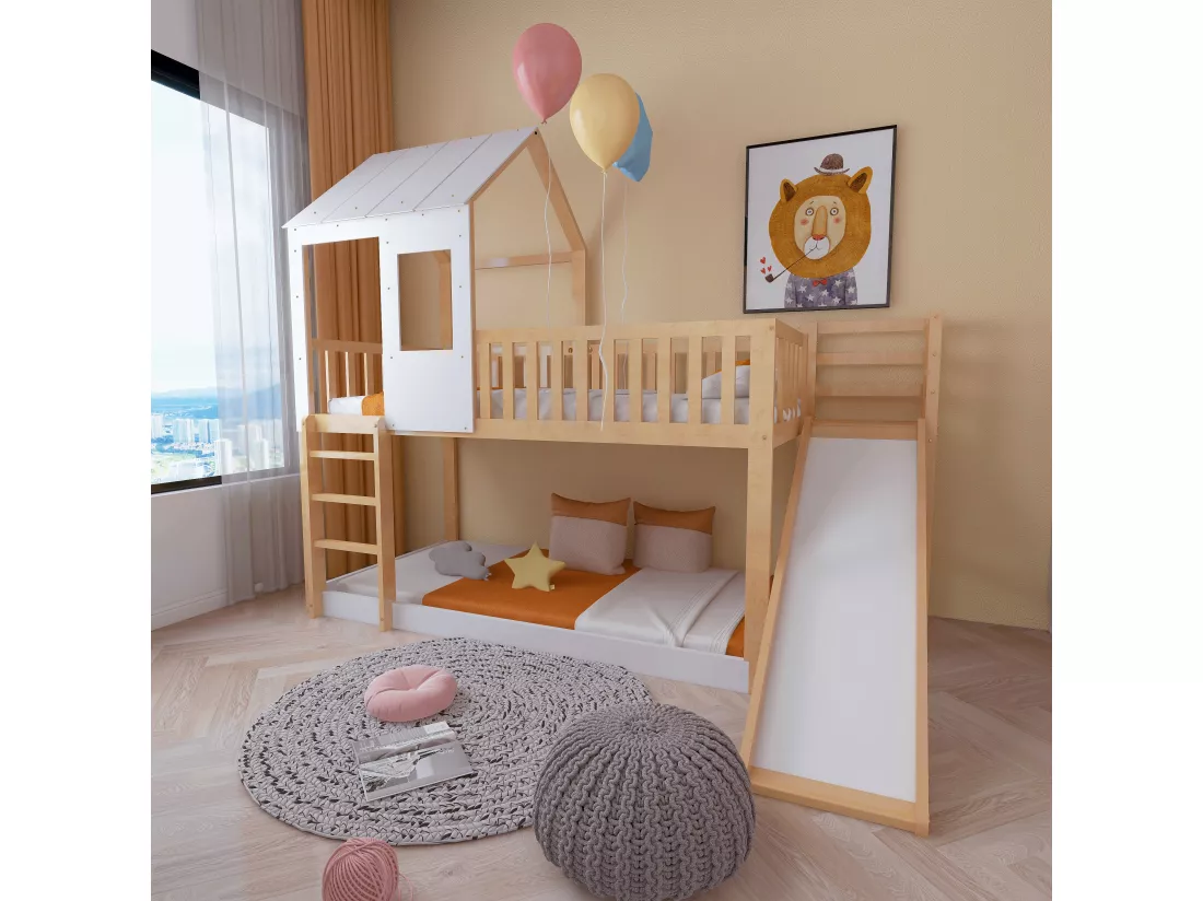 Lits Superposés Enfant Avec Échelle et Toboggan - Protection Antichute - En Pin - Naturel Blanc - 90 X 200 cm