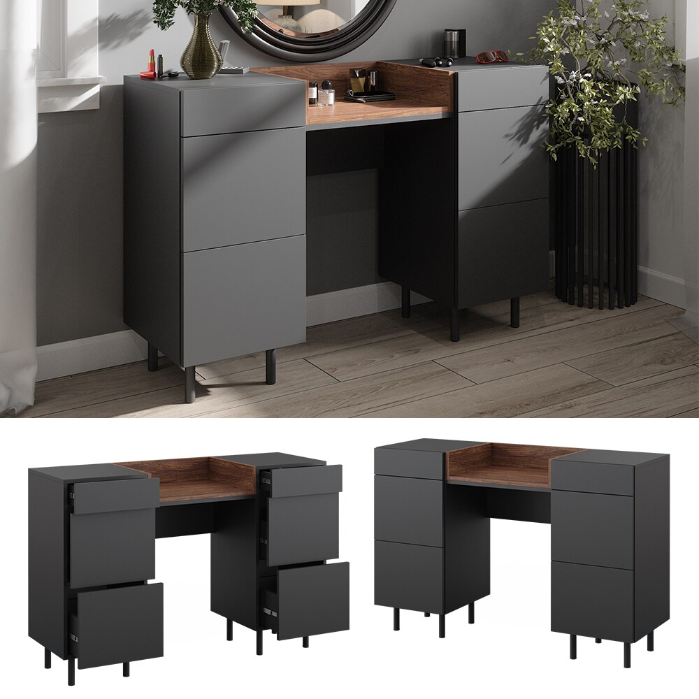 Vicco Schminktisch Anika, 120 x 80 cm, Anthrazit Walnussbraun mit 6 Schubfächer