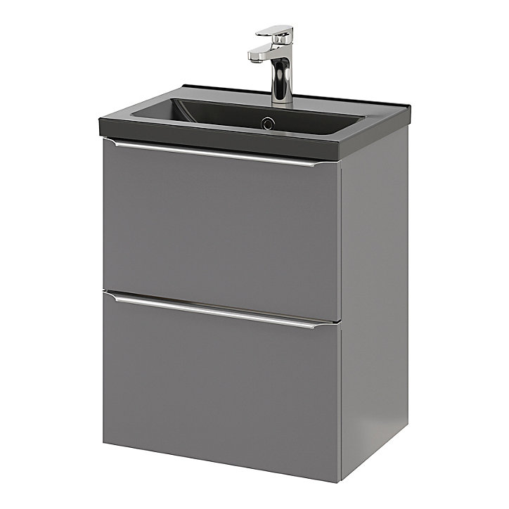 Ensemble salle de bains l.50 cm meuble à suspendre faible profondeur Imandra gris brillant + plan vasque céramique noir