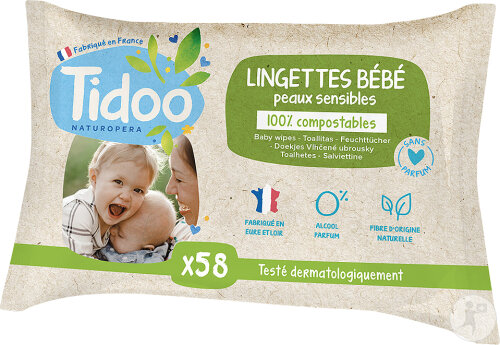 Tidoo Care Lingettes Bébé Sans Parfum Compostables 58 Pièces
