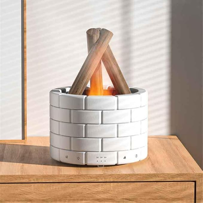 (250ml) Lagerfeuer Luftbefeuchter Aroma Öl Diffuser mit LED Beleuchtung - Weiss / Braun