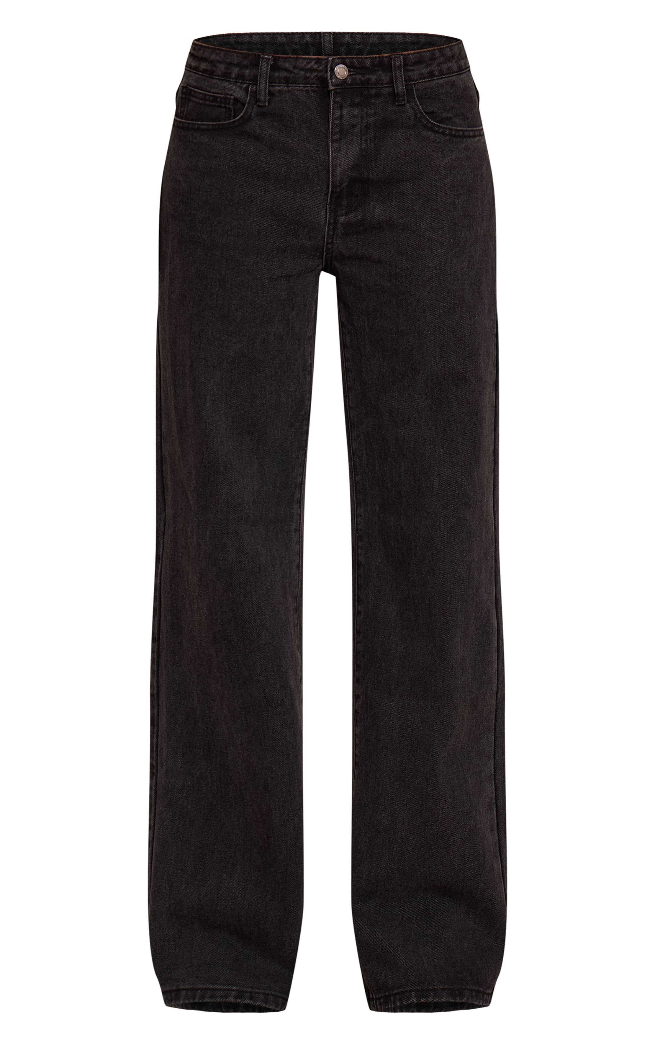 Noir Délavé Jean Droit En Denim Taille Moyenne Coupe Longue