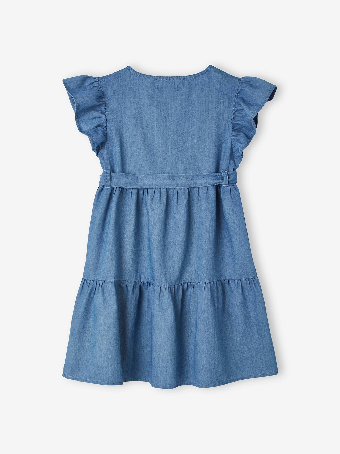 Vestido envelope leve em denim para meninas, lavagem azul escura.