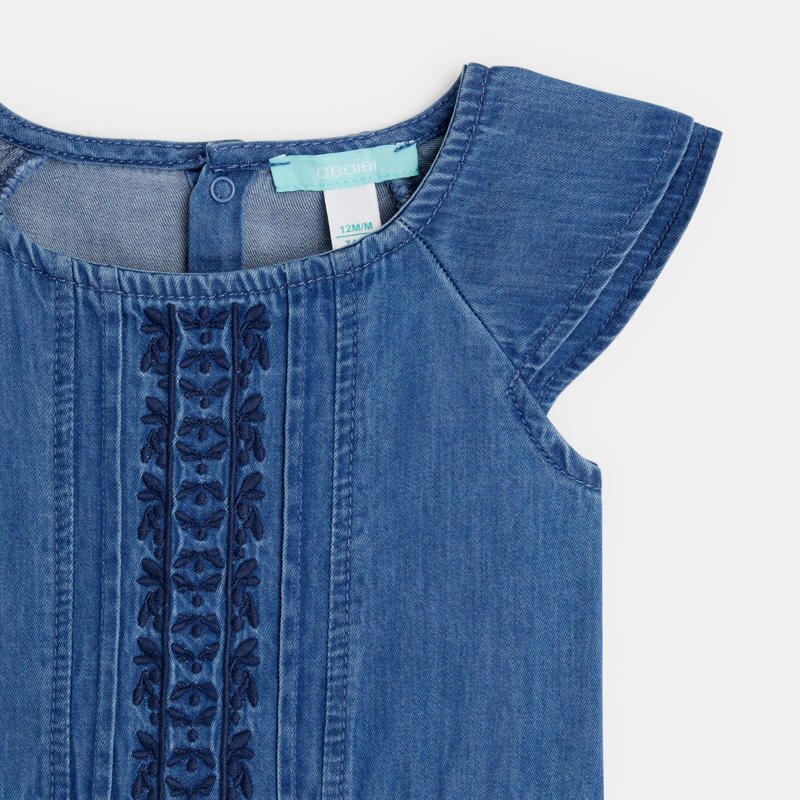 Combishort en denim léger brodé bleu bébé fille Bleu