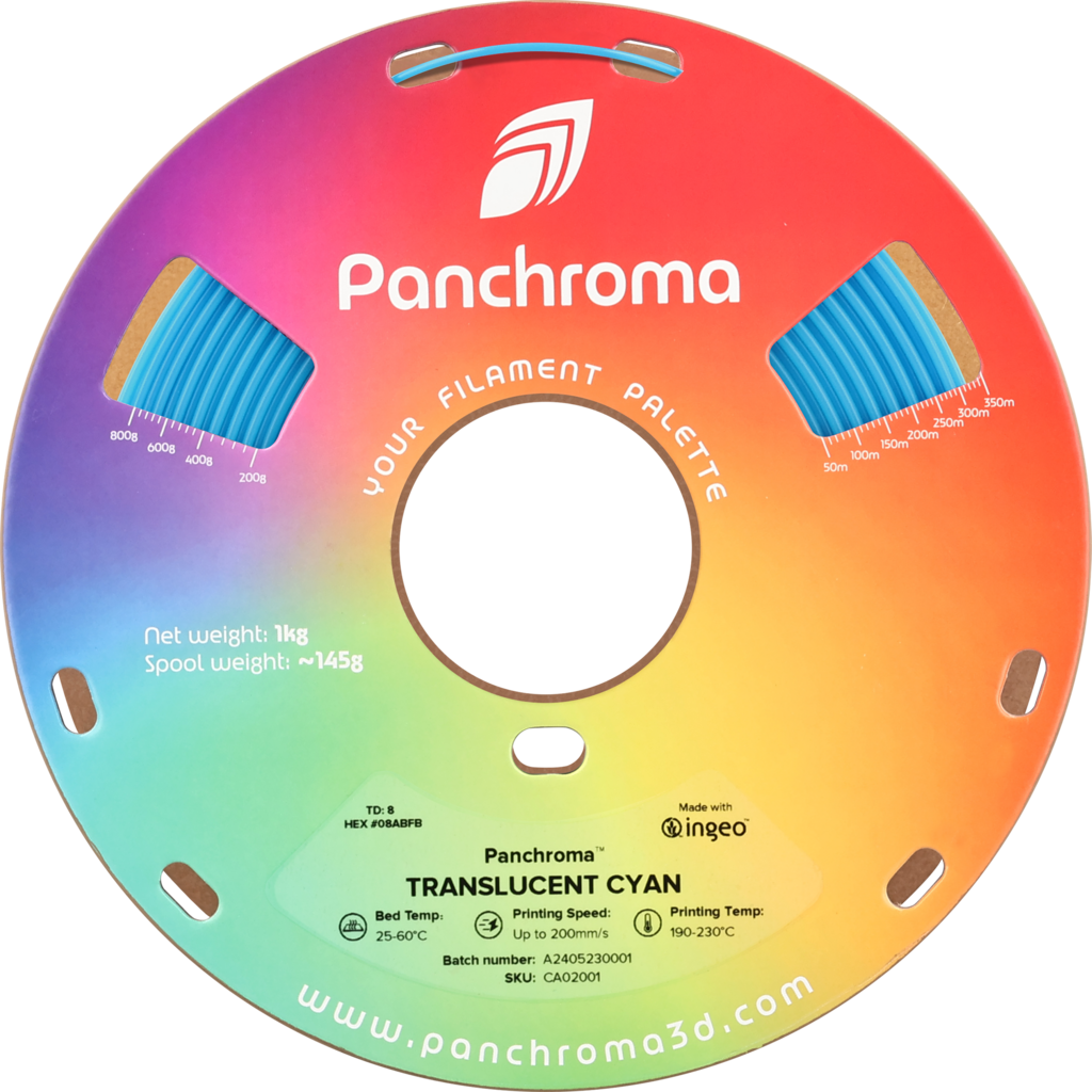 Polymaker  Panchroma™ PLA Translucent Cyan, 1,75 mm / 1000 g    Faszinierende Lichteffekte in Cyan
