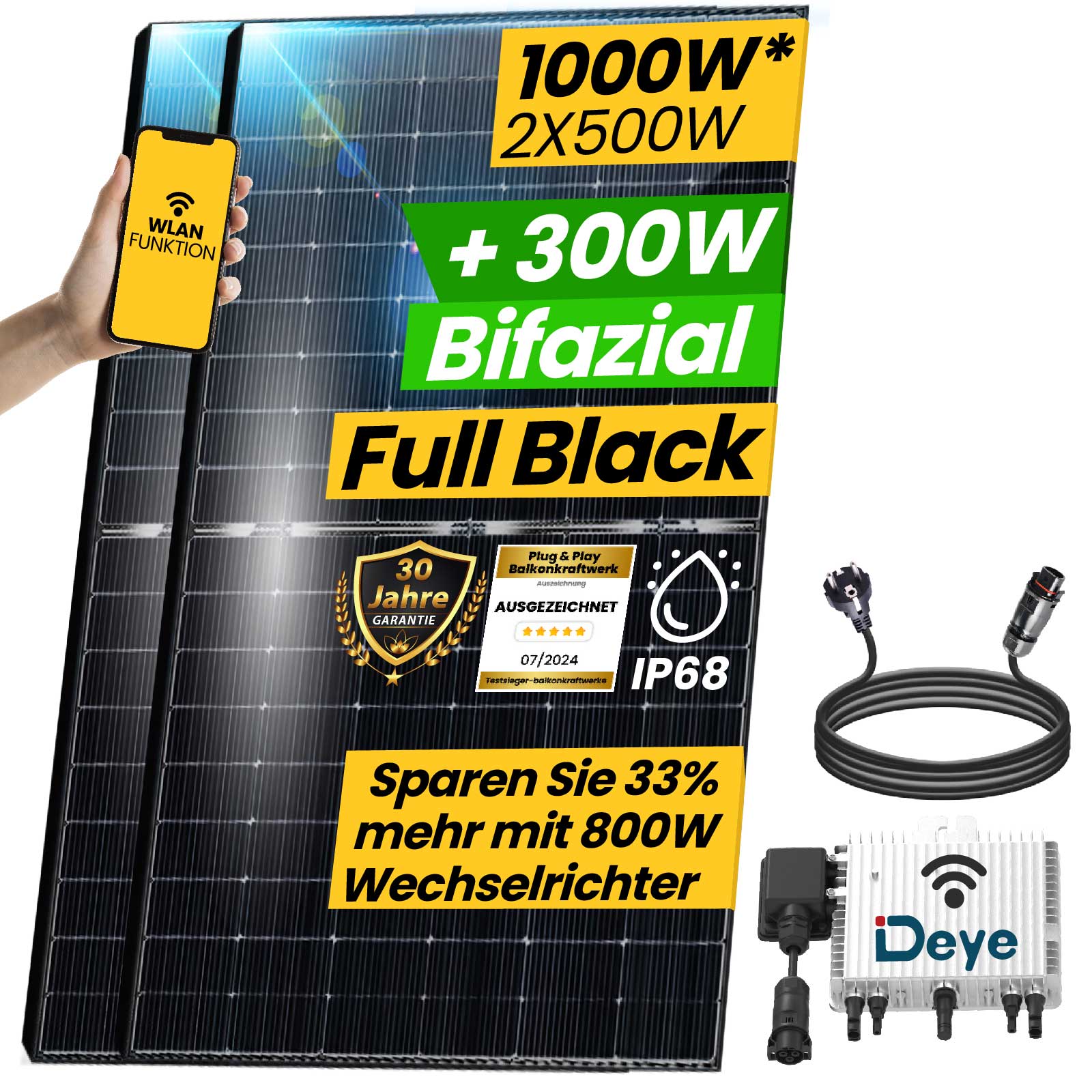Epp Balkonkraftwerk Komplettset 1000W Bifazial | Deye Wechselrichter 800W | Photovoltaik Solaranlage mit 3m stecker