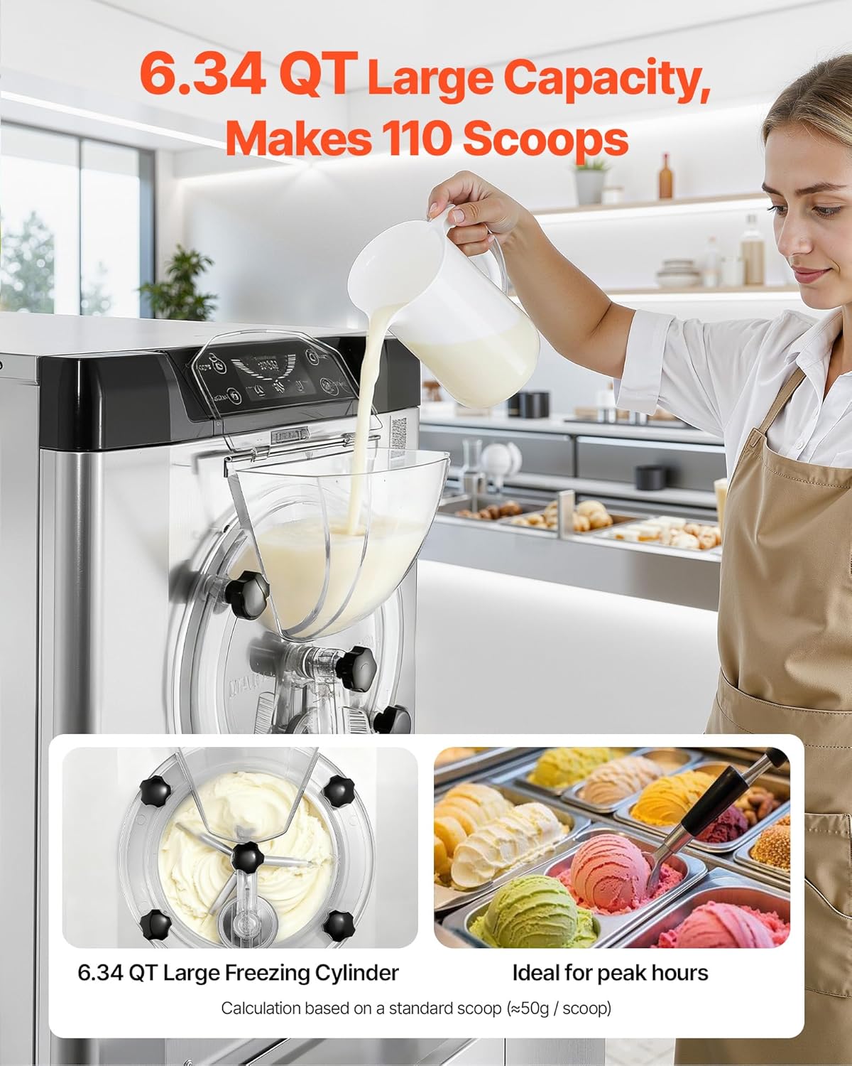 VEVOR Gewerbliche Eismaschine Eiscrememaschine 2000 W 12–20 L/h, Tischgerät für Gelato mit 6 L Edelstahlbehälter (304) & Selbstreinigendes LED-Bedienfeld für Snackbars Restaurants Silber