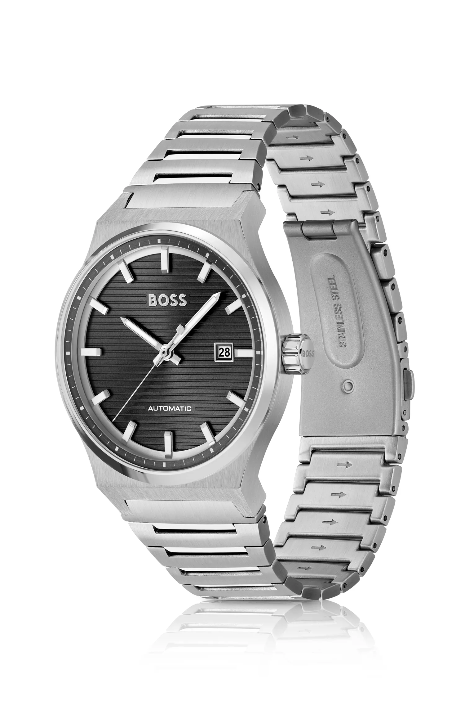 Relógio automático BOSS com pulseira de elos pretos e mostrador texturizado.