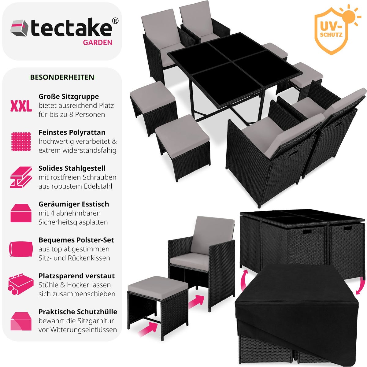 tectake Bilbao rotan zitgroep voor 4 tot 8 personen, inklapbaar, inclusief beschermhoes