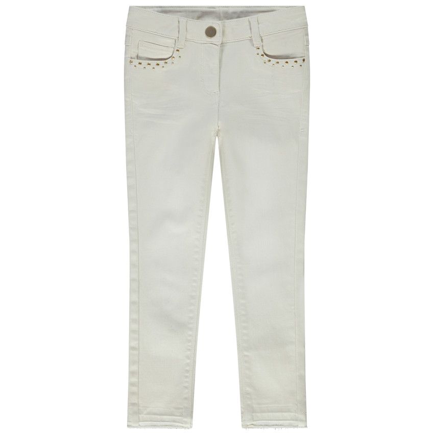 Jean slim uni avec strass pour fille - Ecru