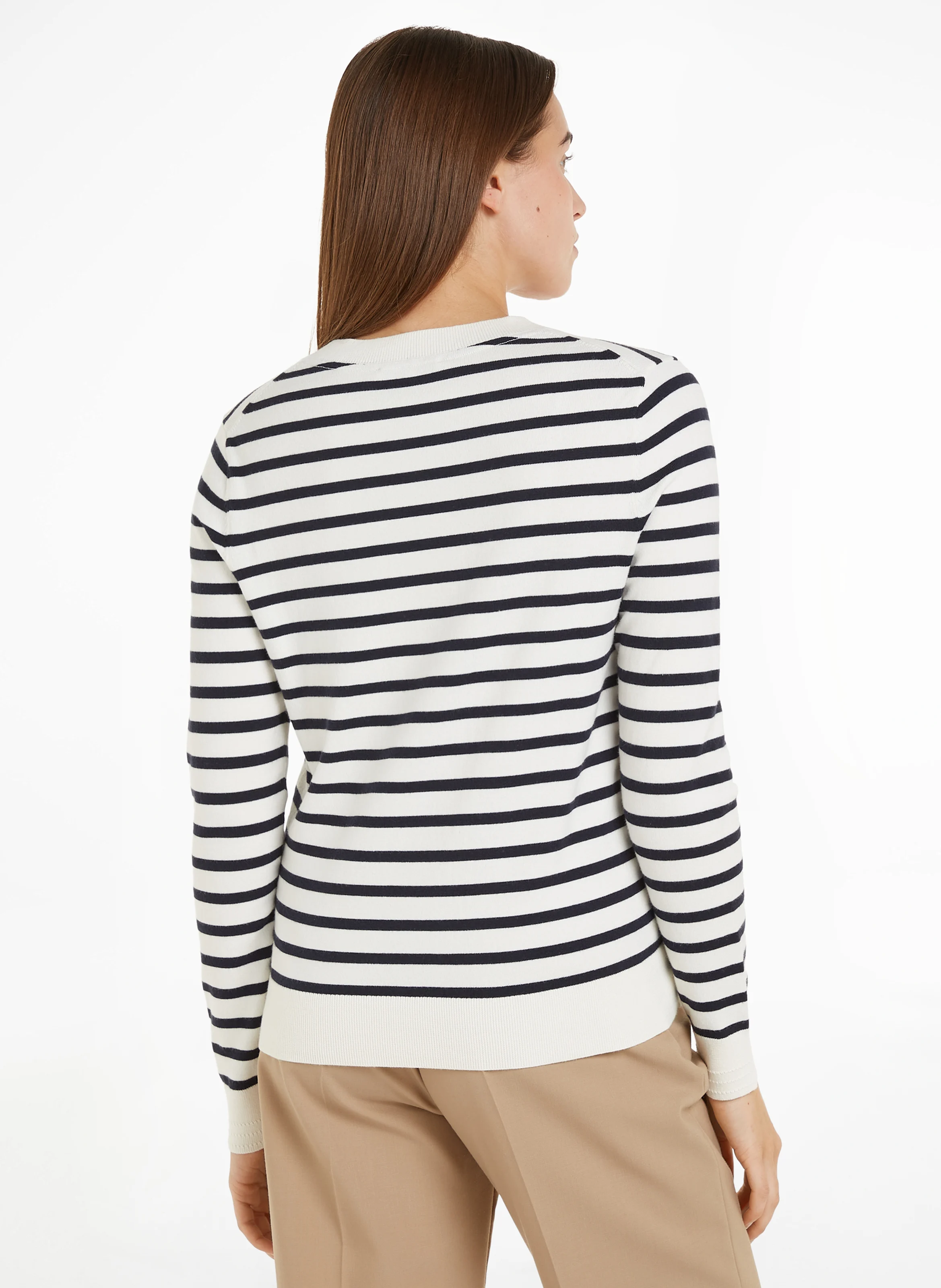 Pull droit col V en coton bio rayé | Blanc