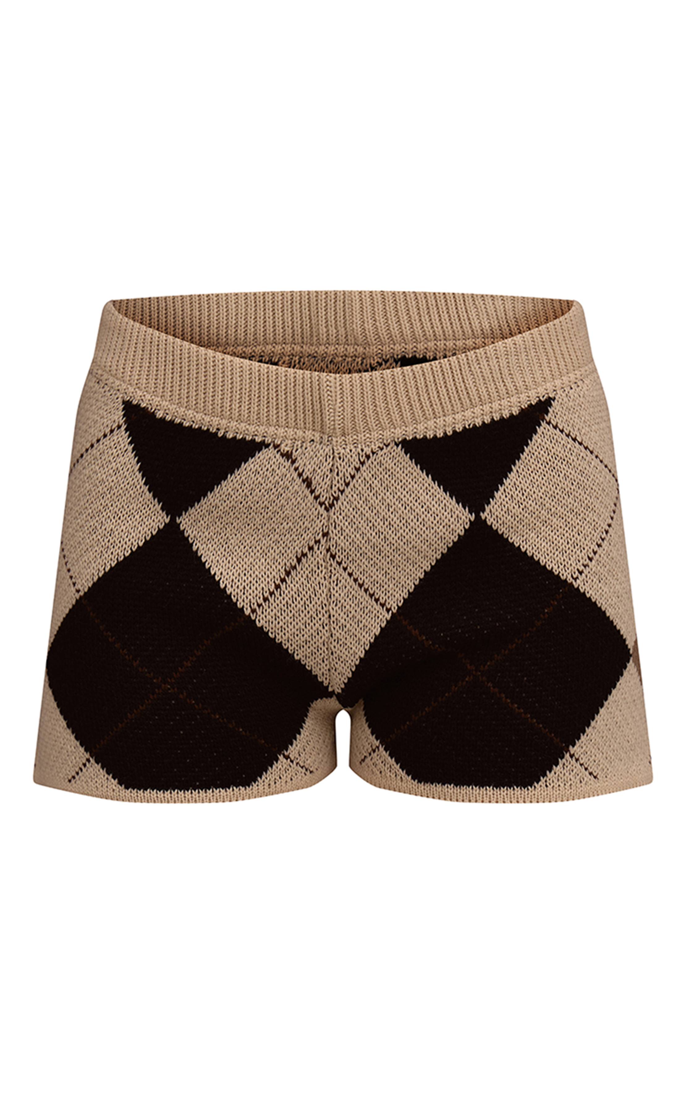 Beige Short Mini En Maille À Motif Argyle
