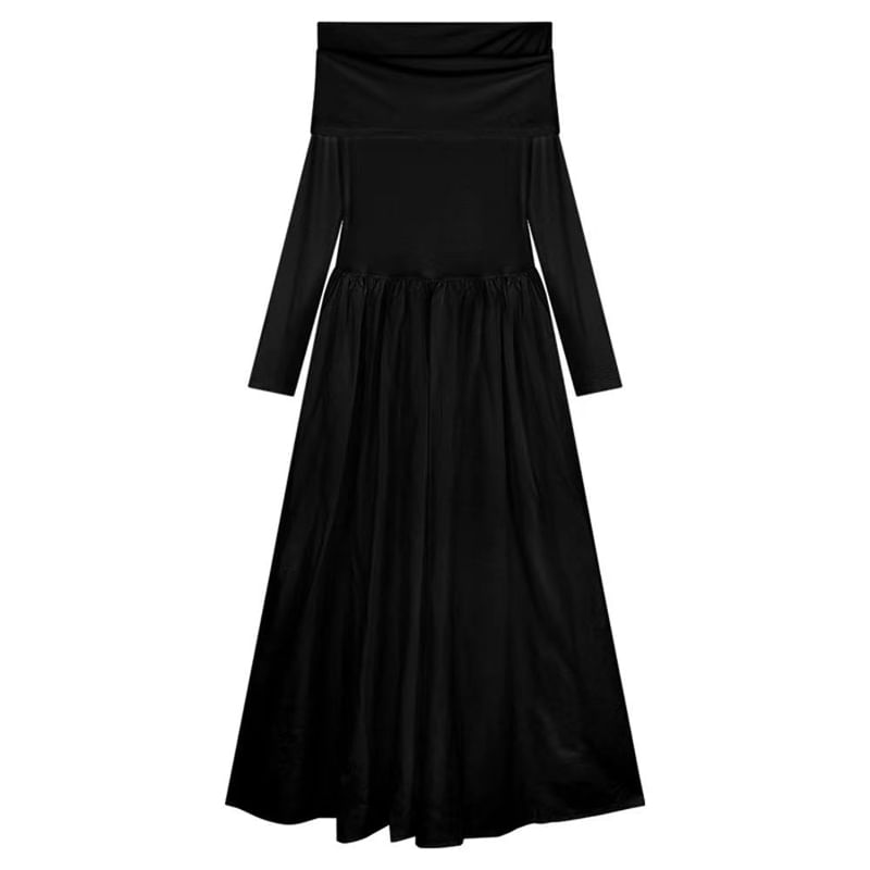 Everose - Lange mouwen off-shoulder maxi A-lijn jurk met geplooide panelen