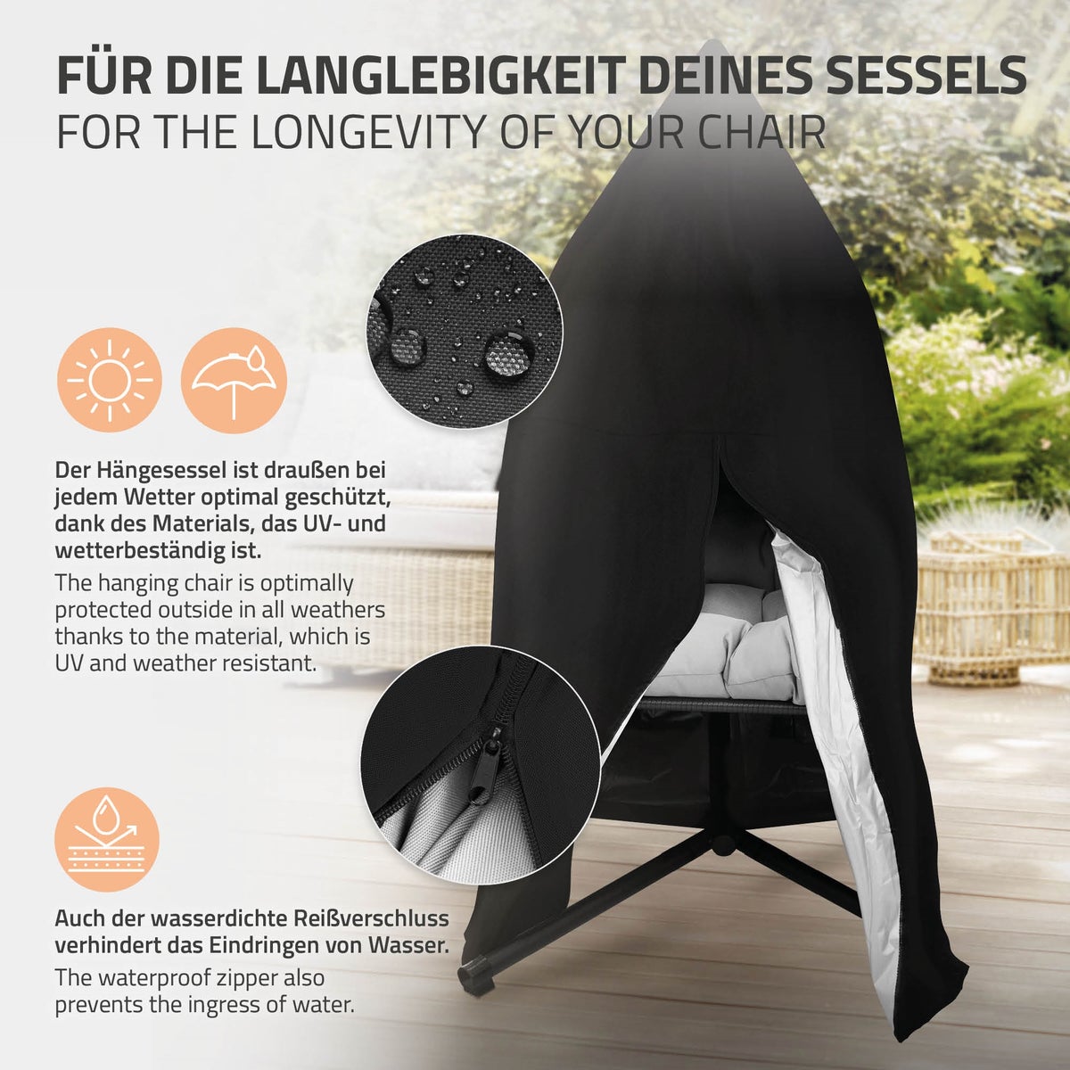 ML-Design Hangstoelhoes met rits en trekkoord, 190x115 cm, waterdicht, winddicht, uv-bestendig, zeer sterke scheurbestendige Oxford-stof, hangstoel, hangmand, beschermhoes voor schommelstoel