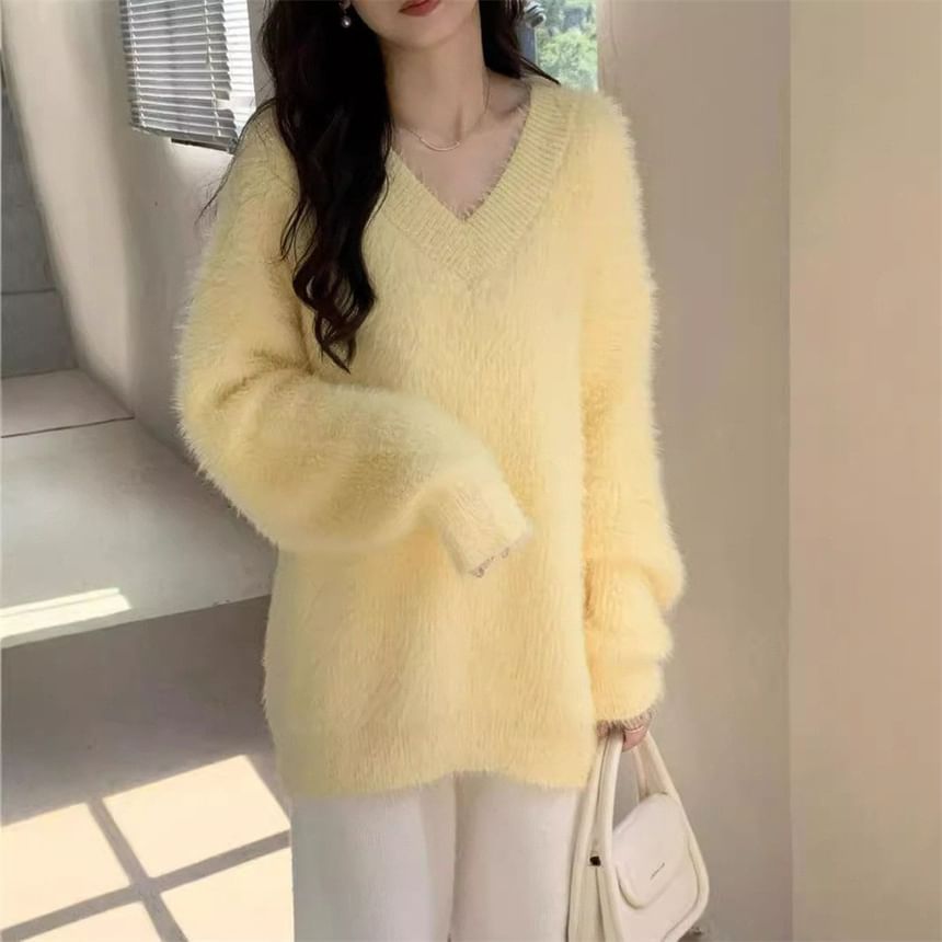 Honey River - V-hals effen, pluizige oversized trui