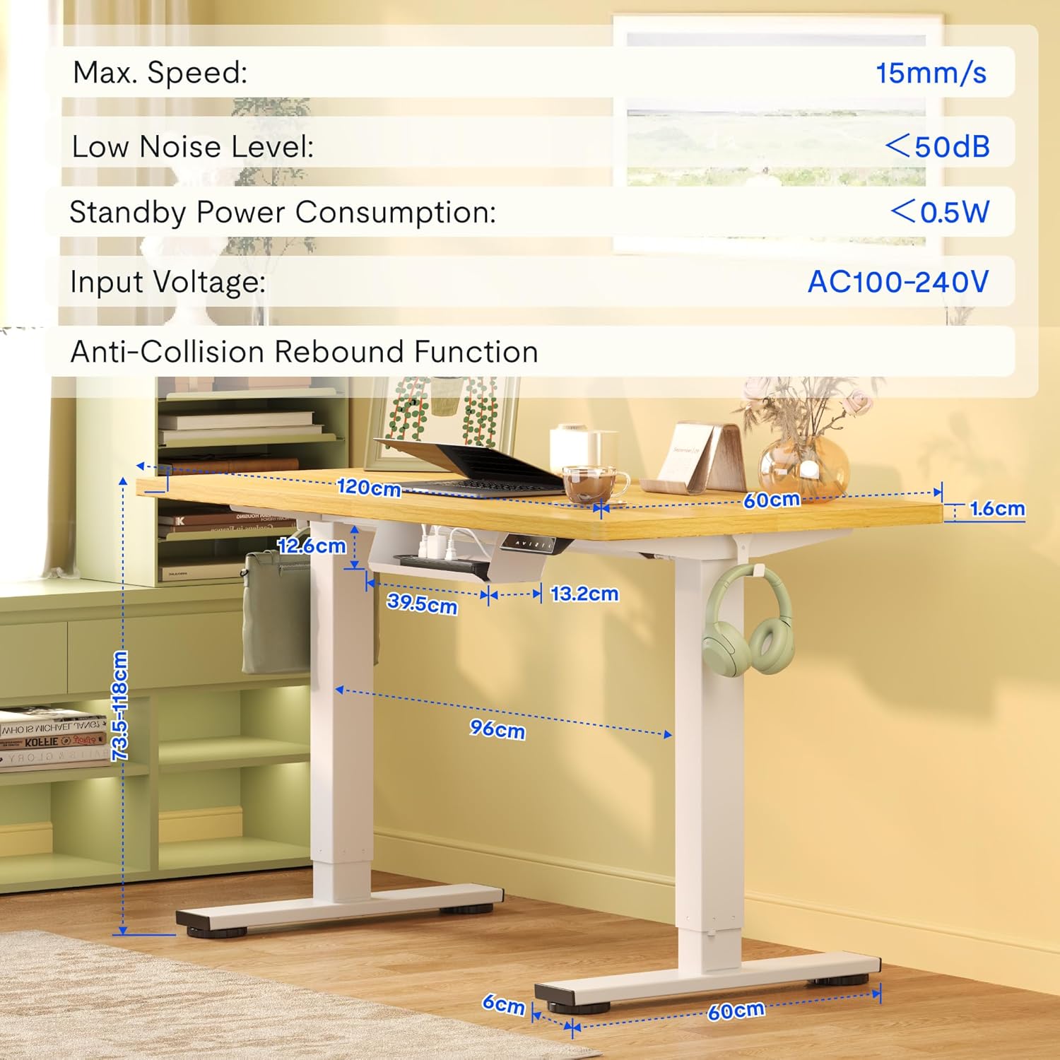 FlexiSpot Höhenverstellbarer Schreibtisch Basic–Mit Kabelmanagement, Haken und EINTEILIGER Tischplatte, Ergonomischer Homeoffice-Tisch, Bürotisch (120x60cm, Ahorn)