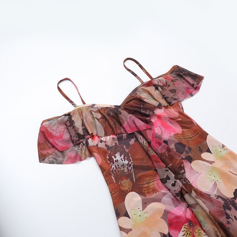 Alizio - Maxi-jurk met korte mouwen, blote schouders, bloemenprint, ruches en strikbandjes op de rug