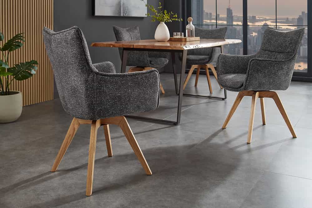 Drehbarer Design Stuhl VOGUE anthrazit natur Strukturstoff Eichenholz 360° mit Armlehne