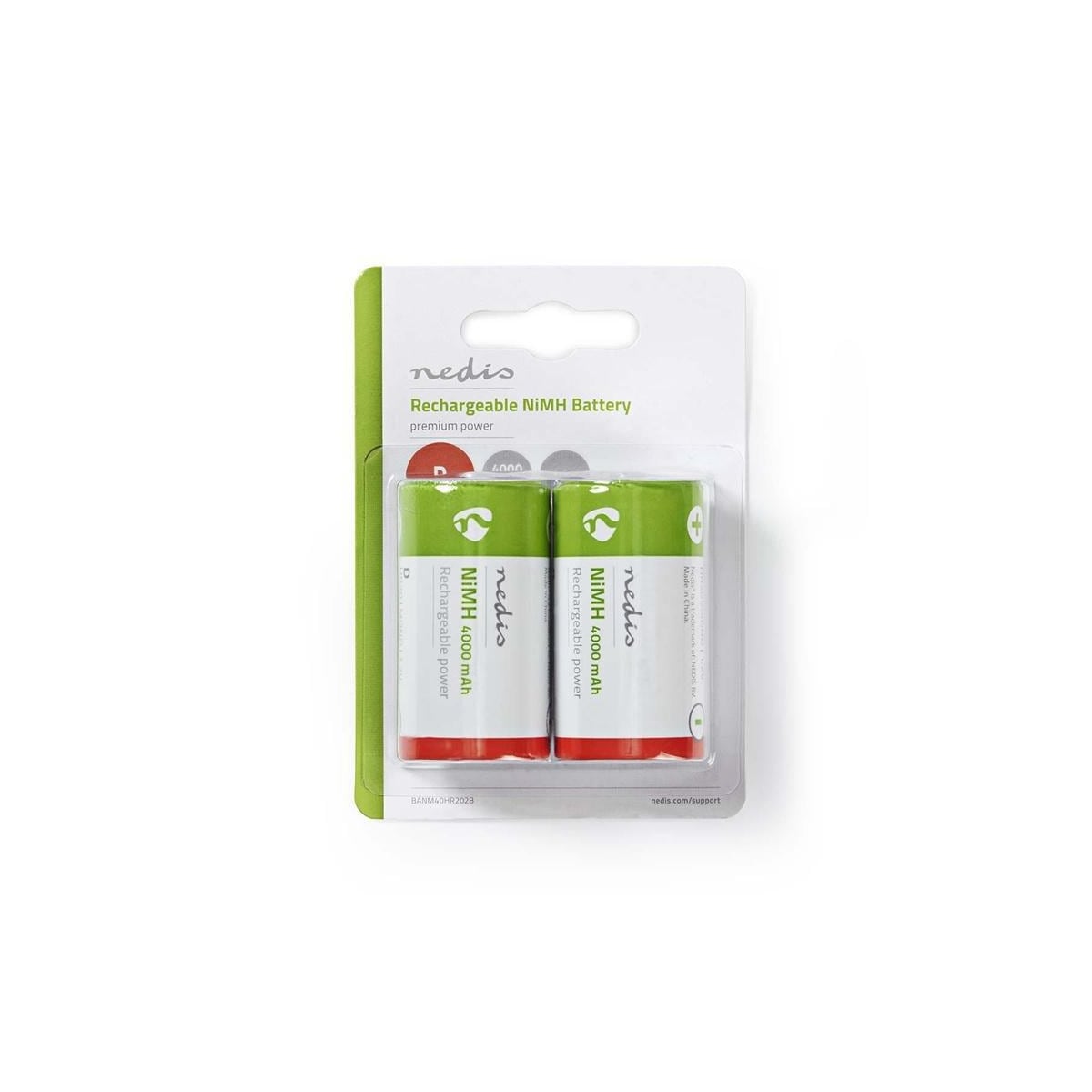 Nedis Oppladbare batteri D | 1.2 V DC | 4000 mAh | Forhånds ladet | 2-Blister | HR20 | Grøn / Rød