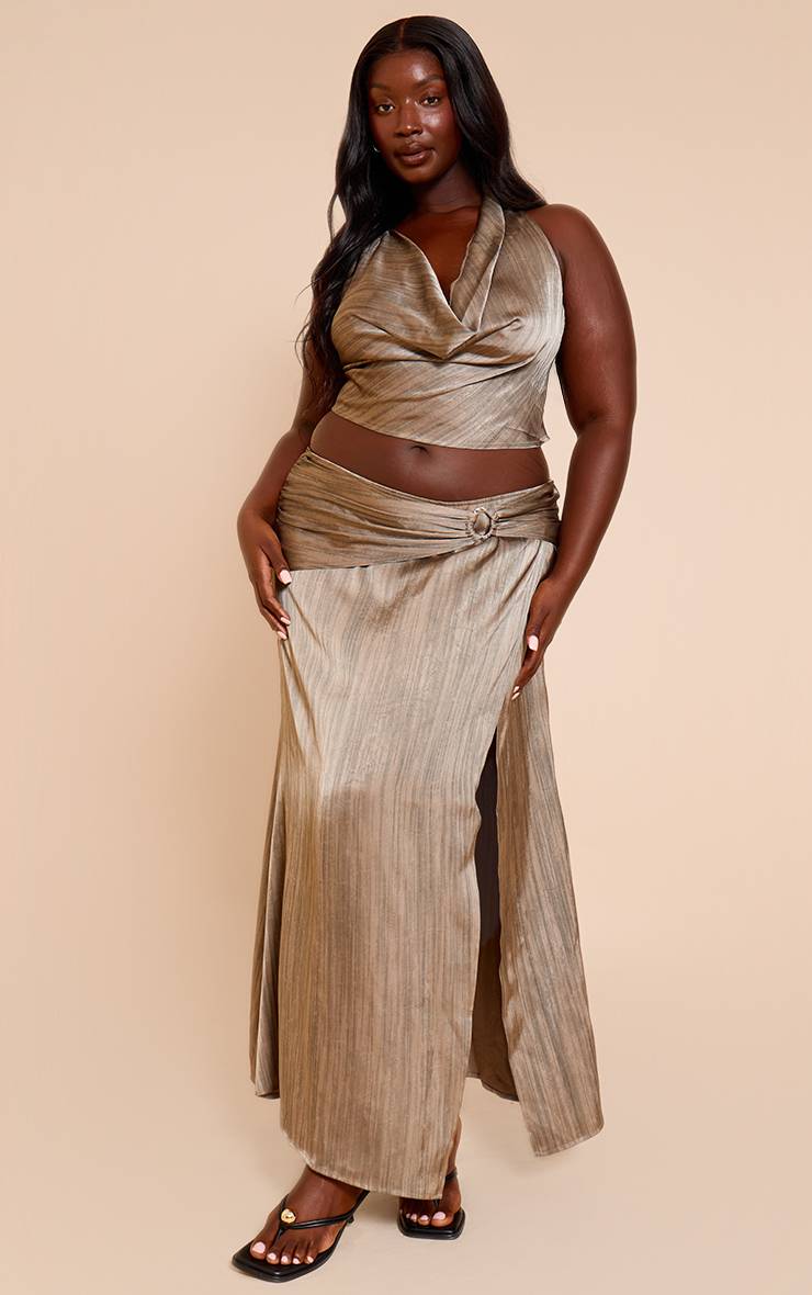 Gris Top Court Grande Taille En Satin Texturé Imprimé Avec Col Licou Métallique Coordonné