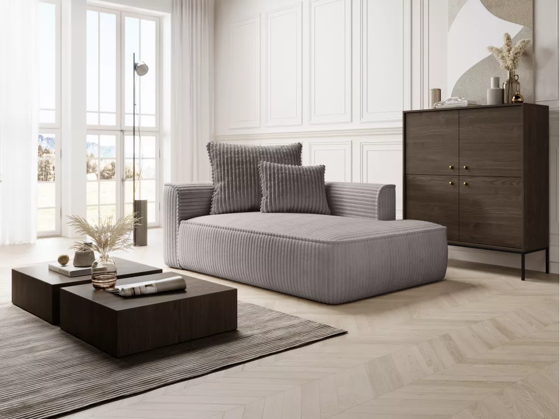 Méridienne droite en velours côtelé grosses côtes gris clair PINETA