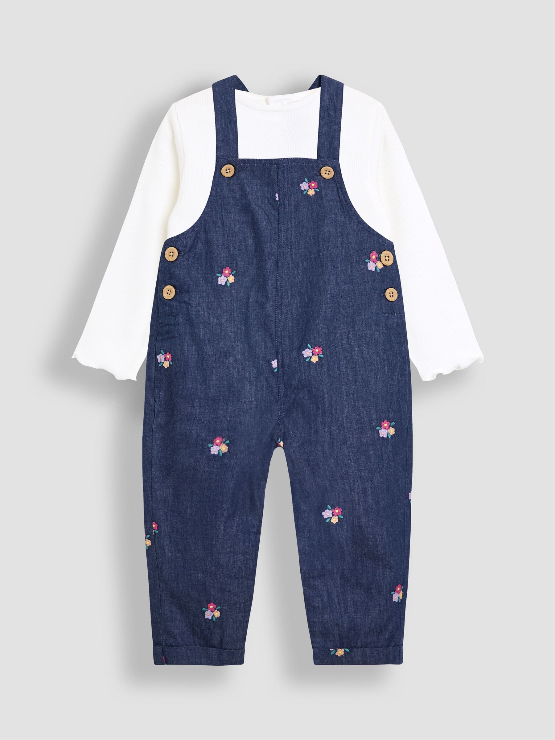 JoJo Maman Bébé Chambray Embroidered Dungarees & Rib Top Set
