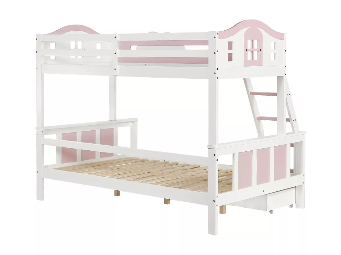 Lit superposé, lit d'enfant,avec barrière de sécurité de couleur contrastée,avec fenêtre,avec décoration de nuages,avec échelle inclinée à quatre marches et tiroirs,pin+MDF,blanc+rose,90x200cm+120x200cm,Sans matelas