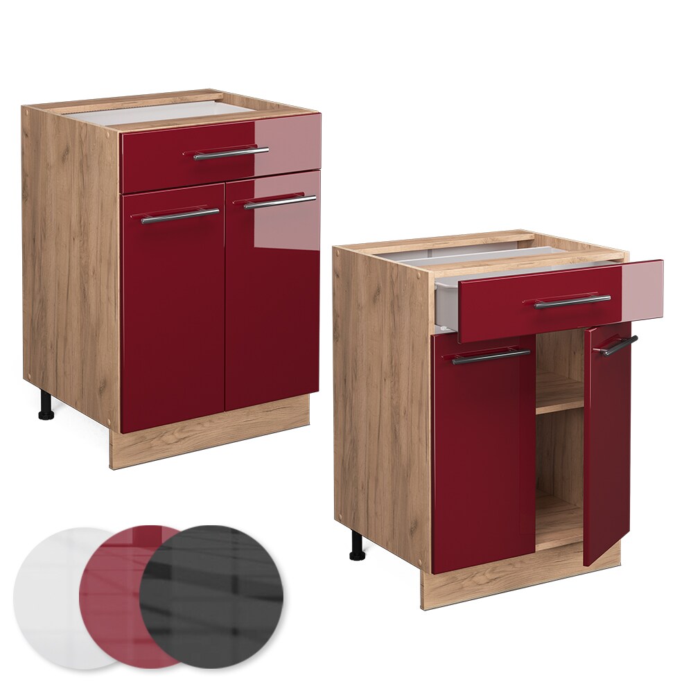 Vicco Schubunterschrank Küchenschrank Küchenmöbel Fame-Line Eiche Rot Bordeaux modern 60 cm Küche Einbauküche Drehtür Schublade Einlegeboden Blende Küchenzeile Hochglanz