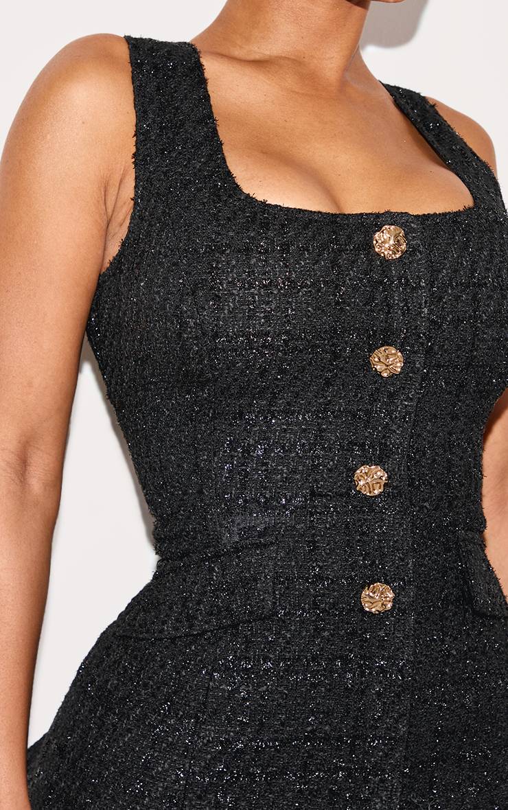 Noir Robe Mini Moulante Col Carré À Bouclé Superposé Avec Boutons Martelés