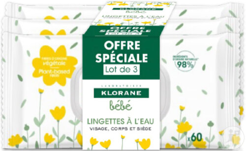 Klorane Bébé Lingettes À L'Eau Visage/Corps/Siège Trio 3x60 Pièces