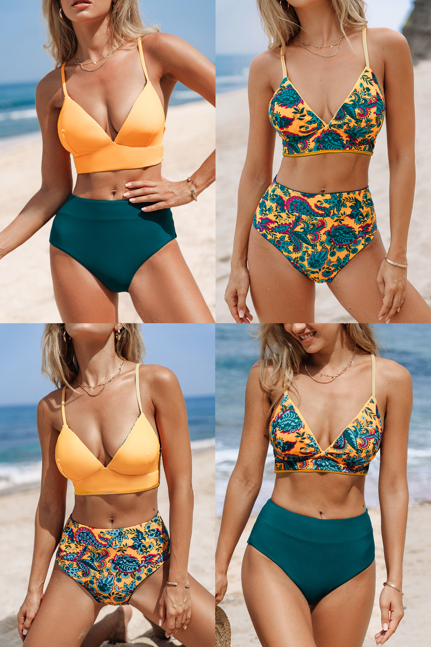 Bikini avec col plongeant jaune et bleu paisley